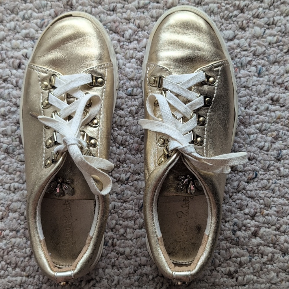 Lilly Pulitzer  Lux Hallie Metallic Gold Lace-Up Sneakers with Rhinestone Accent